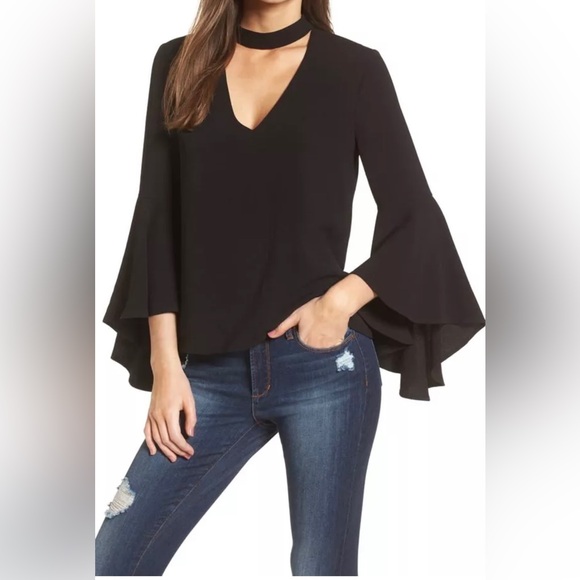 MISSGUIDED CHOCKER NECK BELL SLEEVES BACK ZIPPER BLACK BLOUSE IN SIZE 6 - Picture 3 of 9
